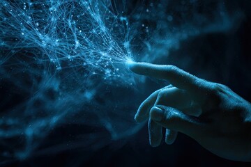 Digit touches neon blue network, depicting technological connection against dark background