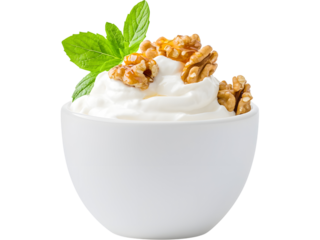 Bowl of yogurt with walnuts and honey isolated on transparent background. Perfect for healthy food design.