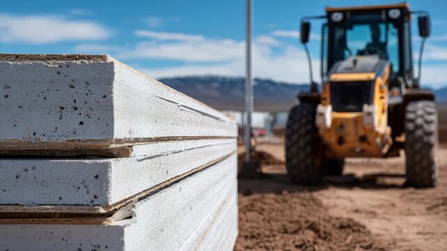 495Stacked drywall panels in rows, perspective shot capturing panel thickness, edges, and smooth surfaces, subtle construction equipment in background