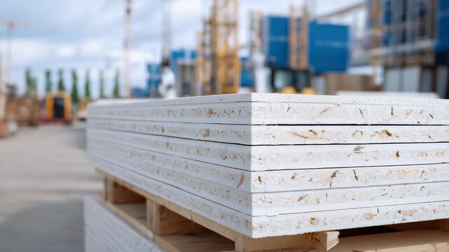 497Detailed macro view of stacked drywall, corner edges in sharp focus, subtle imperfections visible, industrial site environment softly illuminated