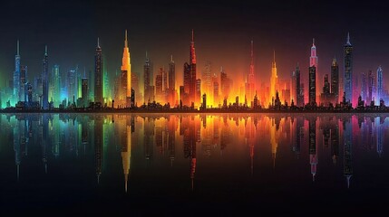 Neon futuristic city skyline silhouettes featuring glowing buildings, dynamic lighting, and vibrant neon colors perfect for digital art and sci-fi designs.