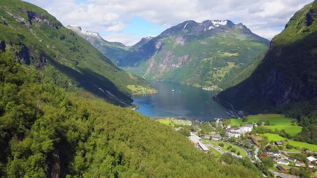 Geiranger at Geirangerfjord aerial view, Norway