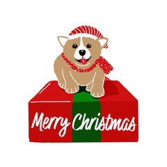 Christmas Puppy Illustration &ndash; Cute Santa Dog on Gift Box