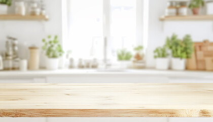 Empty Light Wooden Kitchen Countertop Background for Product Display Mockup with Window View