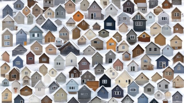 Colorful houses arranged in artistic patterns showcase diverse architectural styles in a winter landscape