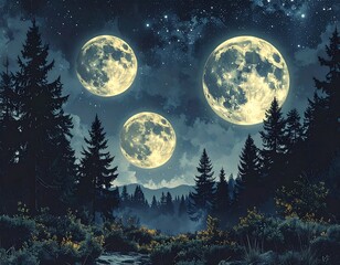 Three full moons glow above a misty forest with tall pines and low brush under a starry night sky