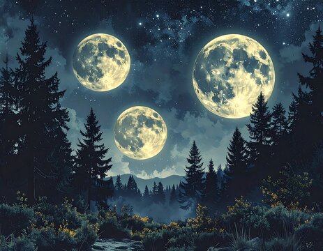 Three full moons glow above a misty forest with tall pines and low brush under a starry night sky