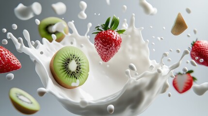 Delicious splash of fresh fruit and creamy milk captured in a dynamic moment of motion in a bright setting