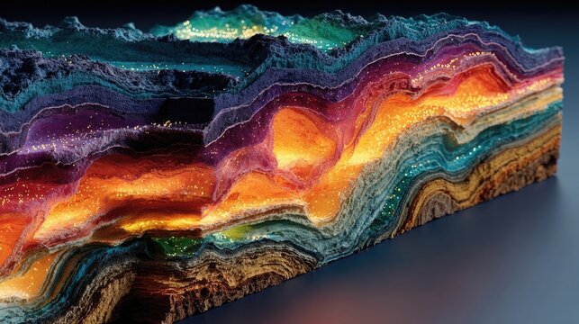 Neon geology layers glowing with strata and rock cross-section, vibrant neon Earth layers illustration for educational and scientific visuals