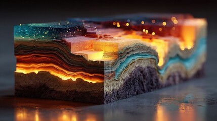 Neon geology layers glowing with strata and rock cross-section, vibrant neon Earth layers illustration for educational and scientific visuals