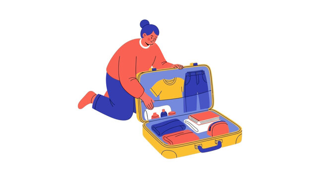 Woman packing clothes and personal items into a bright yellow suitcase for a trip