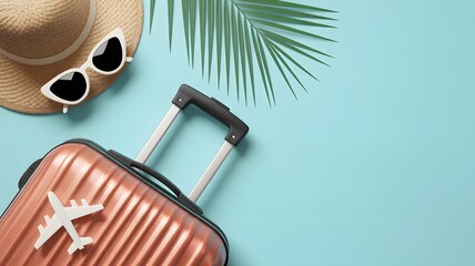 Summer vacation travel concept with suitcase, straw hat, and palm leaves on blue background for tropical holiday trip and adventure planning design