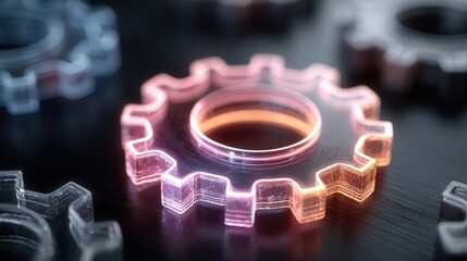 Neon gear icon representing settings, tools, and system configuration visuals for digital tech presentations and UI-focused business graphics