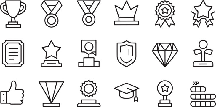 Education and academic achievement icon set. Vector glyph pictograms of graduation cap, award crown, certificate badge, shield symbol, student success, school learning, study elements and academic bla