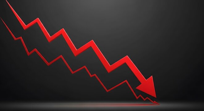 A dramatic depiction of a bright red arrow cascading downward against a stark, dark background, sharp decline. - Powered by Adobe