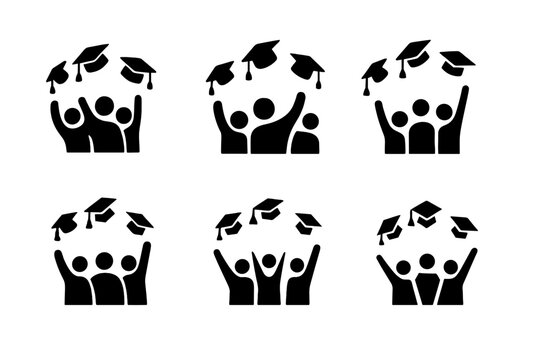 Graduation Cap Icons. Graduation cap toss. Icon set. Set Logo of graduation cap toss: group of students tossing caps. harmonious logo variations of the same