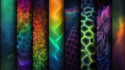 Neon geometric pattern wallpapers featuring glowing repetitive shapes, vibrant neon colors, and futuristic designs ideal for digital backgrounds and decor.