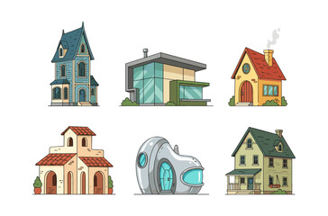 Fototapeta premium Collection of various house architecture styles vector cartoon illustration