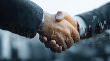 Abstract double exposure of business handshake with city skyline and stock market data, concept of finance and partnership