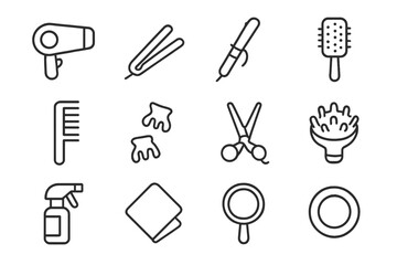 Hair Tools Icon Set. Hair tools. Line icon set of hair tools: hairdryer, straightener, curling iron, brush, comb, clips, scissors, diffuser, spray bottle,