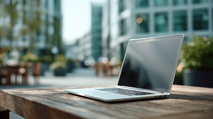 Open laptop with financial analytics and data charts on wooden outdoor table, concept of remote work and business growth