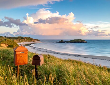 Two mailboxes stand by grassy dunes overlooking sandy beach, ocean, and distant islands under a pink-tinged cloudy sky
