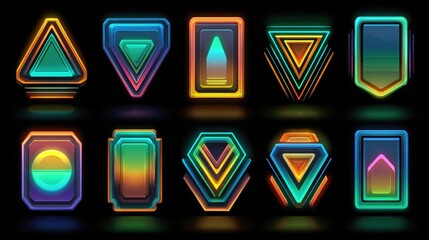 Neon geometric NFT badges and icons with sharp lines, luminous gradients, futuristic style, perfect for digital identity, crypto branding, and collectible series.