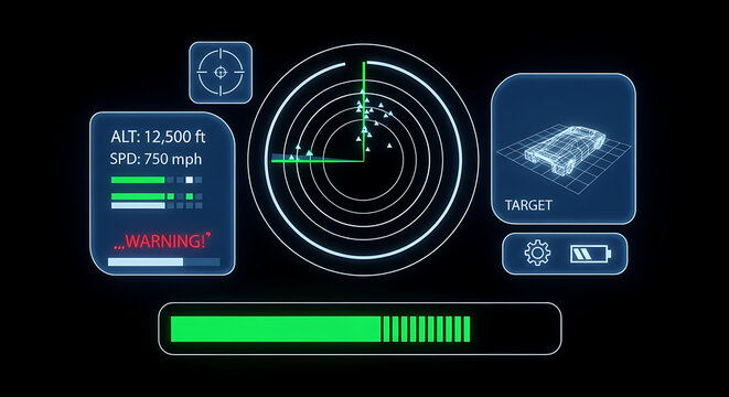 Futuristic radar screen car target detection system interface technology hud display vehicle tracking monitor