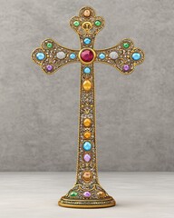 Detailed Golden Cross Adorned with Multicolored Gems on Gray Background Featuring Intricate Filigree Design and Spiritual Significance