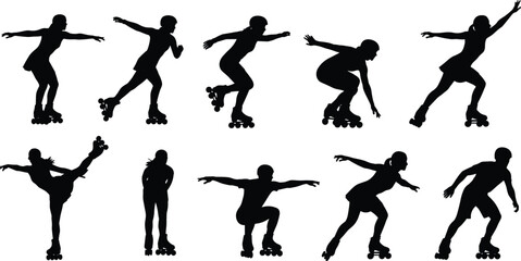 Collection of black and white vector silhouettes showing active people roller skating in dynamic poses isolated on white background for sport and lifestyle design.