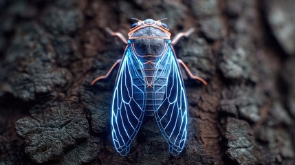 Neon glow outline of cicada resting on citrus bark surface, stylized glowing silhouette with bark texture detail in macro night environment