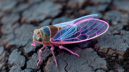 Neon glow outline of cicada resting on citrus bark surface, stylized glowing silhouette with bark texture detail in macro night environment