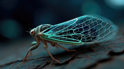 Neon glow outline of cicada resting on citrus bark surface, stylized glowing silhouette with bark texture detail in macro night environment