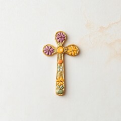 Ornate Golden Cross with Floral Decorations on Cream Background a Symbol of Faith and Religious Beliefs for Christian Spirituality