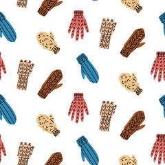 Seamless pattern with bright winter gloves and mittens of various designs. Knitted, textile, trimmed. With pompoms for seasonal clothing, gift packaging, cozy textiles, cold-weather promotions