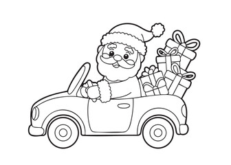 Fun Santa in a car with many gifts, drawn as a simple black and white coloring page