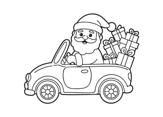 Whimsical Christmas coloring page showing Santa driving a car full of presents.