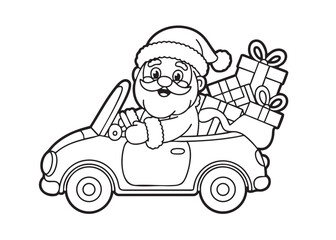 Charming Christmas coloring page featuring Santa driving a gift-filled car.