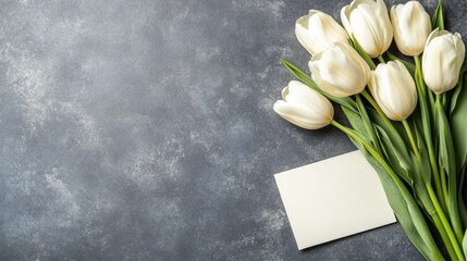 A lovely arrangement featuring a bouquet of delicate white tulips surrounded by lush green leaves rests next to a blank card, all set gracefully atop a textured gray surface