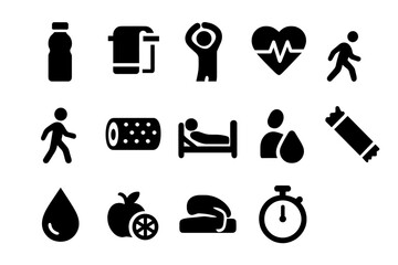 Hydration Recovery Icons. Hydration and recovery. Solid icon set of Hydration and recovery: water bottle, towel, stretching arms, heart rate, cooling down,
