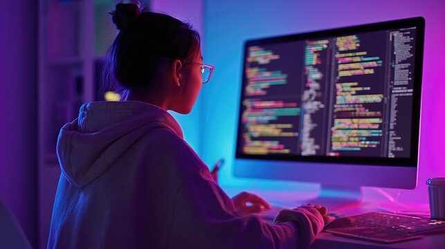 Young developer focused on coding in neon-lit tech workspace