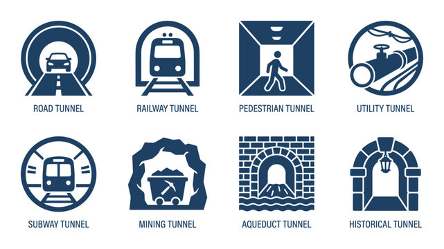 Tunnel icon set road railway pedestrian utility subway mining aqueduct historical underground passage sign