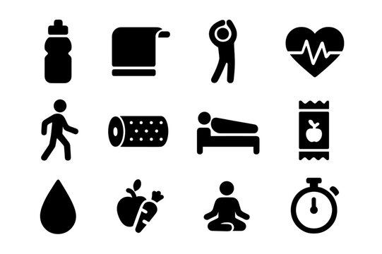 Hydration Recovery Icons. Hydration and recovery. Solid icon set of Hydration and recovery: water bottle, towel, stretching arms, heart rate, cooling down,