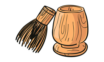 Illustration of traditional matcha tea whisk and wooden bowl. Ideal for tea shop menus, healthy lifestyle blogs, Japanese cuisine, and beverage packaging designs