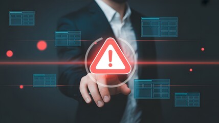 Businessman touching virtual warning icon on digital interface, cybersecurity alert, online data protection and technology danger concept