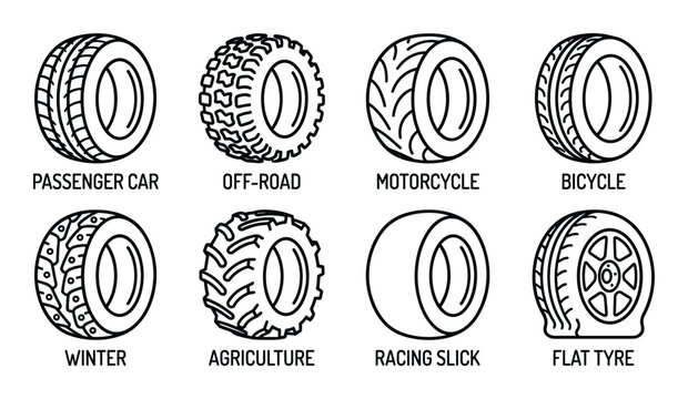Tyre outline icon set passenger car off-road motorcycle bicycle winter agriculture racing slick flat tire symbol