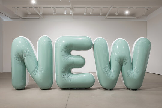 Large Inflatable Teal "NEW" Word Sculpture Installation in a Minimalist White Art Gallery