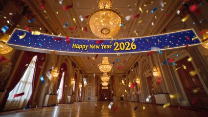 Obraz premium Celebrate New Year 2026 with festive confetti falling inside a grand ballroom with sparkling chandeliers and elegant decor for an unforgettable party