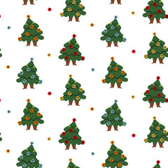 Pattern is cheerful holiday design with decorated evergreen trees and colorful fluffy decorations. Perfect for seasonal packaging, gift wrapping, party invitations, greeting cards, children's clothing