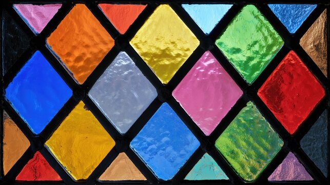 Vibrant stained glass diamond lattice, geometric window pattern for church decor, heritage design and abstract background template